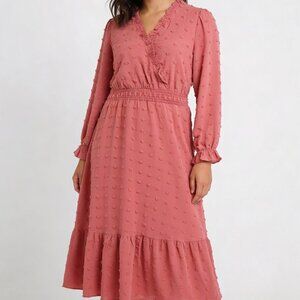 Fashion Women's Pink Ruffled Long Sleeve Chenille Poms Cinched Midi Dress Size L
